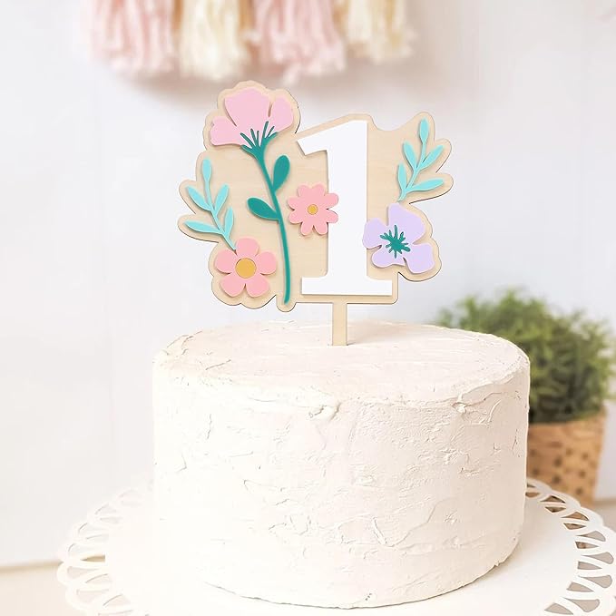 Wooden Wildflower Cake Topper - Wildflower First/1st Birthday Party Decorations,Flower 1st Cake Topper,Girl First Birthday Party Decorations (Flower-1)