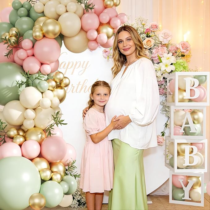 Pink and Green Gold Balloon Arch Kit, 132Pcs Pink and Green Baby Shower Decorations with Baby Boxes Letters for Girls Boho Baby Shower Gender Reveal Birthday Party Decorations