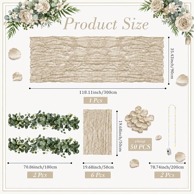 Cinrobiye 11PCS Boho Cheesecloth Table Runner Set with Rose Petals, 120'' Gauze Table Runner, Wrinkled Napkins, Eucalyptus Garland and String Lights for Wedding Baby Shower Tea Party Decorations