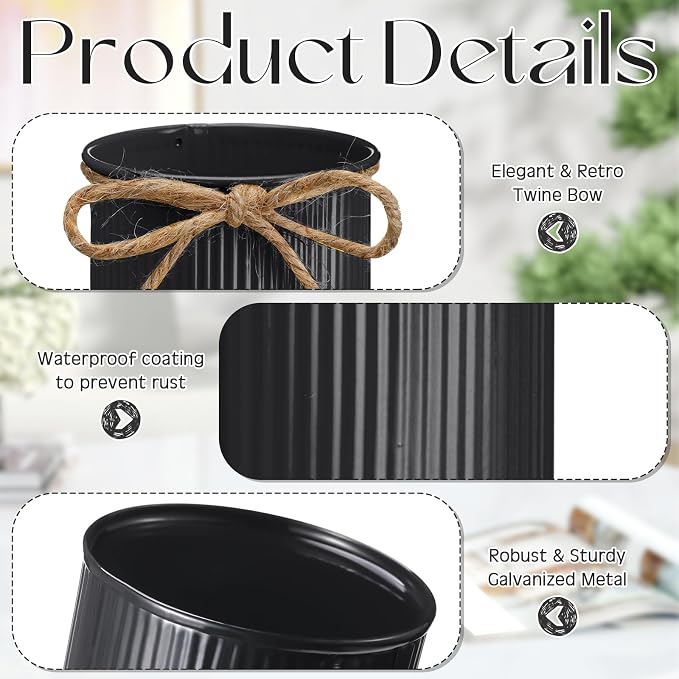 Rustic Vase for Table Centerpieces 4.33 Inch Small Petite Flower Vase with Twine Bow Vintage Farmhouse Decor for Wedding Reception Dining, Home Galvanized Metal Buckets(Black,12 Pcs)