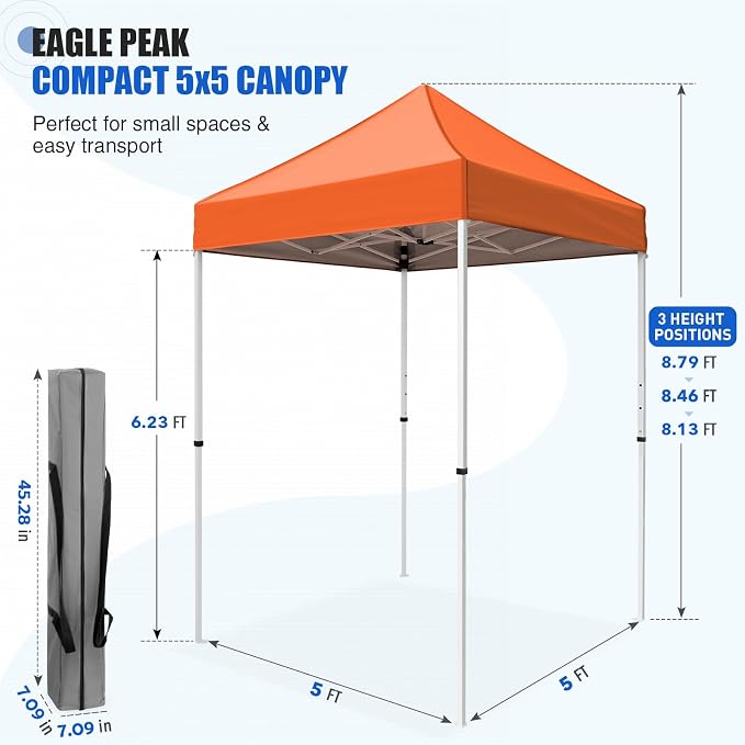 EAGLE PEAK 5x5 Pop Up Canopy Tent Instant Outdoor Canopy Easy Set-up Straight Leg Folding Shelter, Orange
