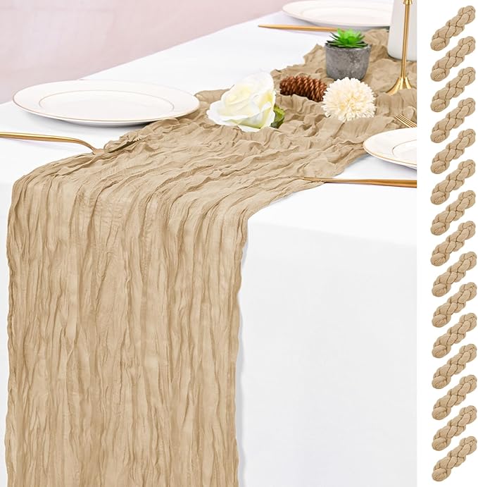 15 Pack Beige Table Runner 17 x 108inch Cheesecloth Table Runner Boho Gauze Table Runners Rustic Sheer Fabric Cheese Cloth Table Runners for Wedding Party Bridal Shower Farmhouse Thanksgiving Decor