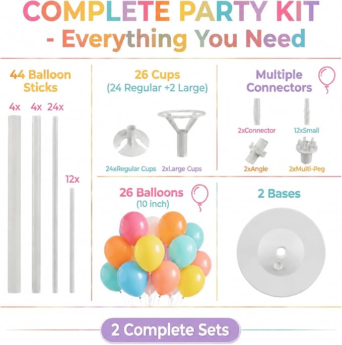 Balloon Column Stand Kit,2 Sets of Assorted Rainbow Balloon Tower Pillar with 10inch Light Multi Color baloon Reusable Design for Wedding Birthday Baby Shower Party Decor