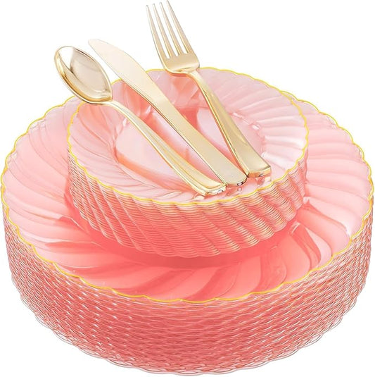 YOUBET 125Pieces Clear Pink Plastic Plates with Gold Rim - Gold Plastic Silverware Include 25 Dinner Plates 25 Dessert Plates 75 Golden Silverwares for Wedding Birthday & Parties Easter Mothers Day