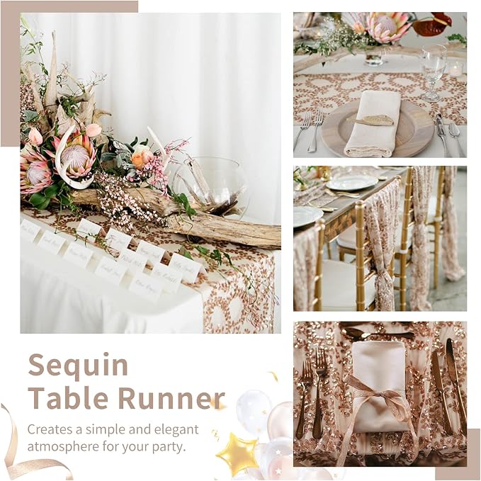 10 Packs 12x108 Inch Sequin Table Runner Rose Gold Flower Table Runners Glitter Table Runners for Banquet Wedding Table Decoration Sparkly Table Overlay