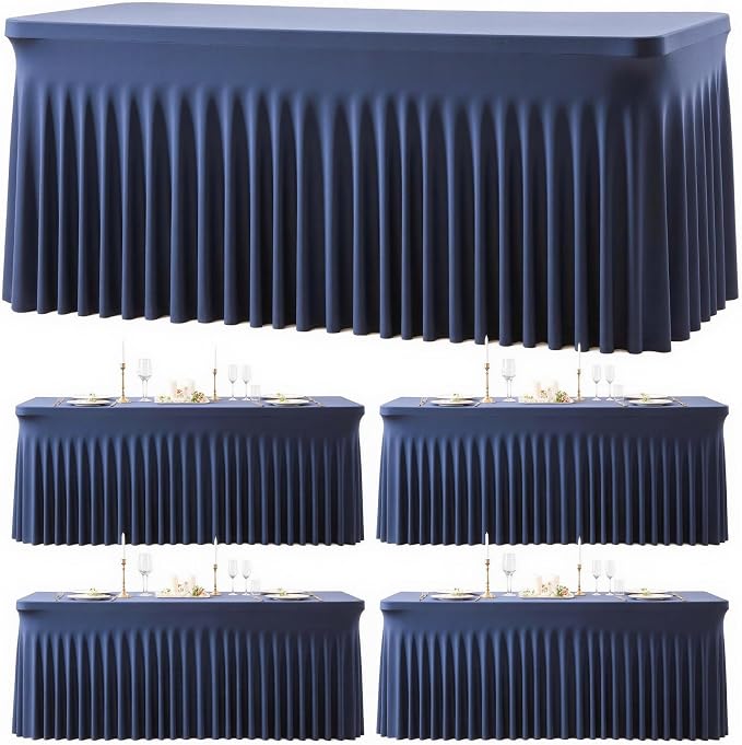 4 Pack Navy Blue Table Cloth for 8 Foot Rectangle Tables Spandex Fitted Tablecloth 8ft Stretch Table Covers Skirt Navy Blue Banquet Tablecloths Wrinkle Free Tablecloth for Party Wedding Birthday Event