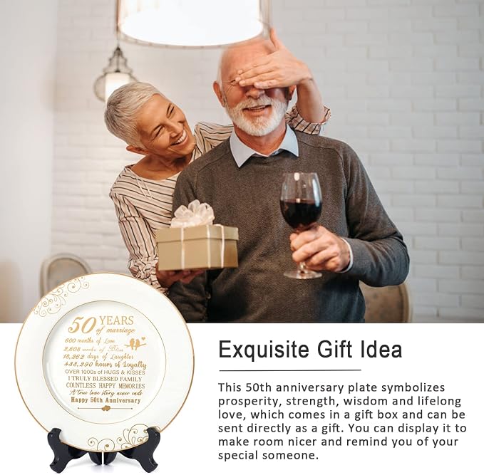 Urllinz 50th Anniversary Plate with 24k Gold Foil - 50 Year Anniversary Wedding Gifts for Couples Parents, Happy Marriage Decorations for Him Her, Ceramic 9"