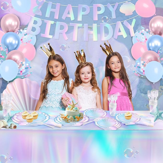 Mermaid Birthday Party Decorations 118Pcs Under The Sea Party Decorations Supplies with Plates Napkins Cups Forks Tablecloth Balloons Banner for Mermaid Theme Decorations Serves 24