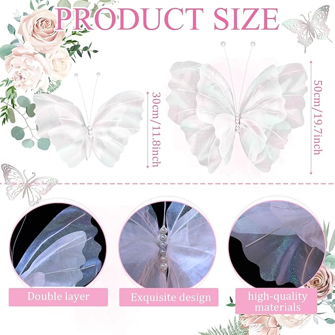 Geelin 6 Pcs Large White Butterfly Decorations Mariposas Grandes para Decoracion Big Butterfly Party Decor 20 Inch 12 Inch 3D Silk Butterflies for Baby Shower Women Birthday Party Wedding Decor