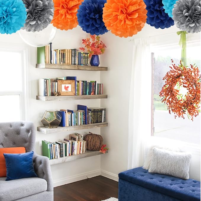 Blue-Silver Orange Space Party-Decorations Streamers-Garland - 30pcs Graduation 2026 Tissue Pom Poms,Tassel Banner Backdrop Birthday Boy Baby Shower Decor Bunting Lasting Surprise