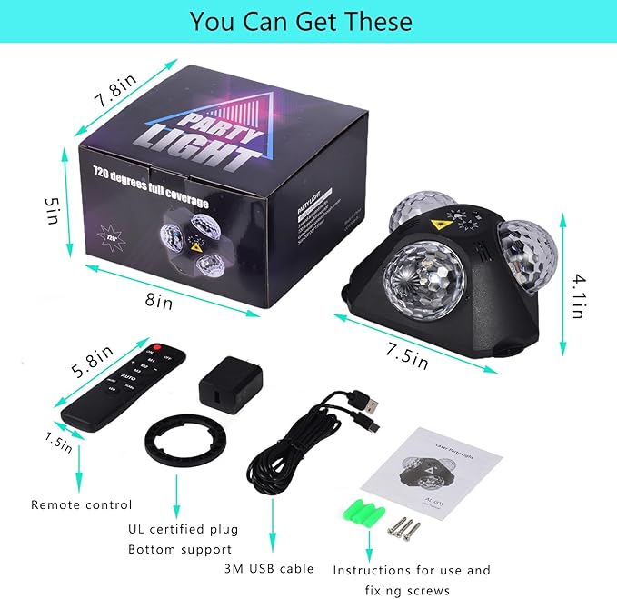 Yinpkteo 4 in 1 Disco Ball DJ Party Lights, 3 RGB Disco Lights+Red and Green Pattern Lamp Strobe Lighting for Home Room Dance Parties Birthday Karaoke Halloween Christmas Wedding Show Club Decorations