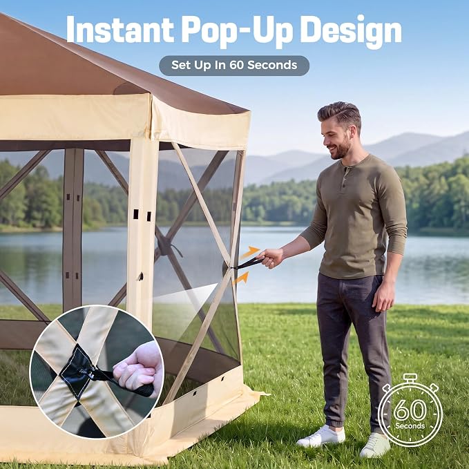 Tecoom 12x12ft 6-Sided Pop Up Gazebo Tent, Canopy Shelter Tent with Mesh Windows for Camping, Portable Large Shade Tents Removable Siedwalls for Outdoor, Garden, Lawn, and Backyard