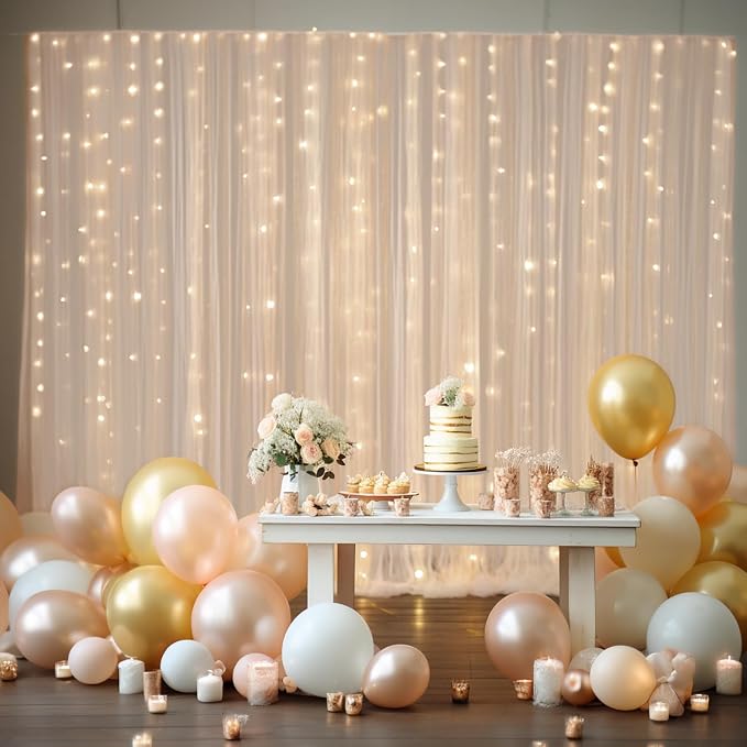20x8ft Champagne Tulle Backdrop Curtain with Lights String for Parites, Sheer Photo Backdrop Curtains with Lights for Wedding Backdrop Ceremony Reception Bridal Shower Baby Shower Birthday Party