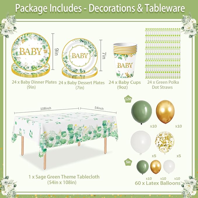 234 Pc Sage Green Baby Shower Decorations Set- Serve 24 Guests, All-in-One Neutral Baby Party Supplies Kit with Balloon Arch, Foil Fringe Curtain, Tableware Set, Cake Topper, Banner, Sash, Tablecloth