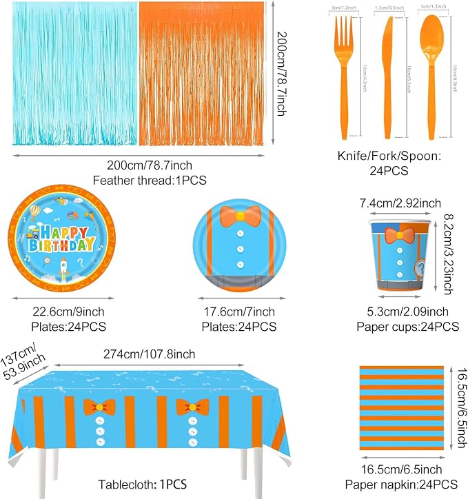 171PCS Kids Birthday Party Decorations Tableware Set - Blue & Orange Party Supplies for Boys & Girls - Includes Plates, Cups, Napkins, Cutlery, Tablecloth, Foil Fringe Curtains - Serves 24 Guests