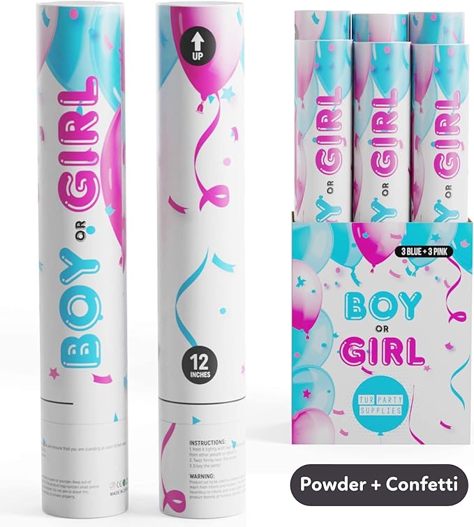 Gender Reveal Confetti & Powder Smoke Cannon | 3 Pink & 3 Blue Poppers | Biodegradable | Alternative to Gender Reveal Smoke Bombs Extinguisher Spray, Baby Gender Reveal Decorations, TUR Party Supplies