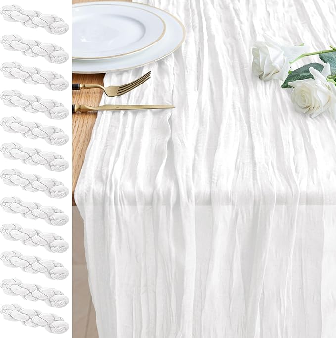 12PCS Table Runner Cheesecloth 10FT Ivory Boho Gauze Cheese Cloth Rustic Sheer Table Runners for Wedding Bridal Baby Shower Party Decoration