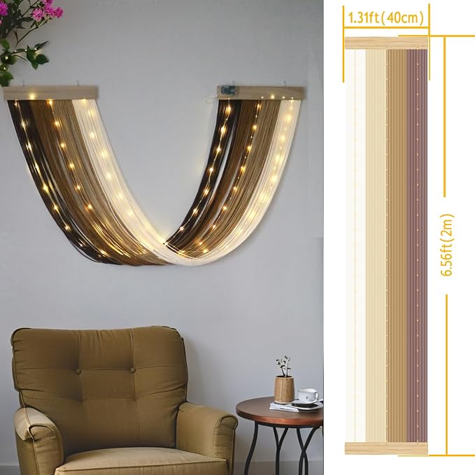 Macrame Fairy Lights Battery Operated with Remote & Timer, Brown Gradient | Handwoven Wall Hanging with 20ft 100 LEDs Warm White Timer String Lights for Bedroom,Living Room,Party,Wedding,Christmas Deco