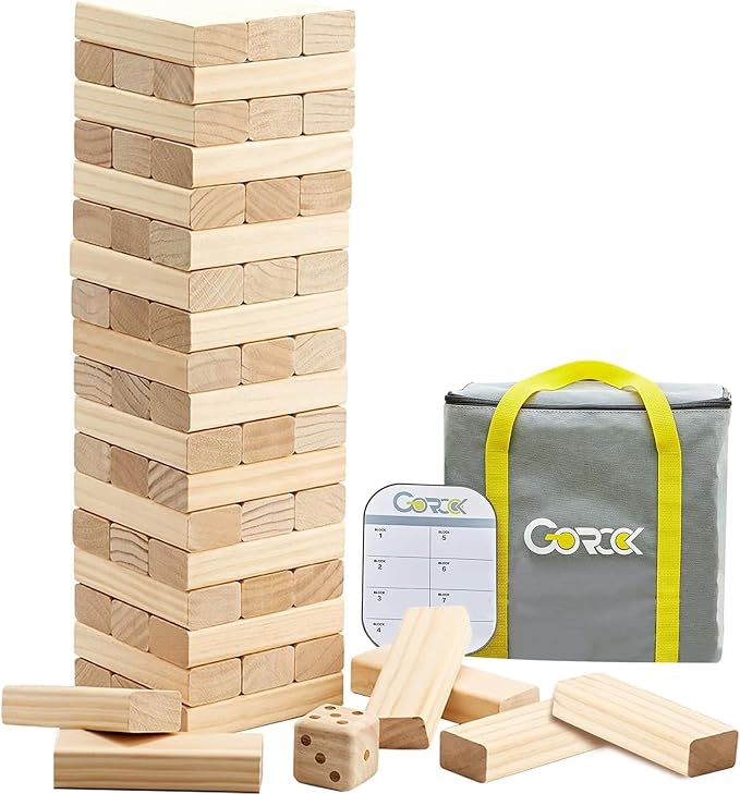 GOROCK Giant Tumble Tower Games，60 Pcs Wooden Block Up to 5FT Stacking Game with Dice Scoreboard and Carry Bag ，Christmas Birthday Gift for Family Outdoor Indoor Party Camping Beach Lawn Games