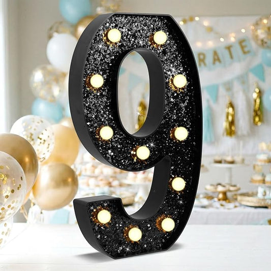 12.6 Inch LED Black Marquee Light Up Numbers, 9th Birthday Decorations Number Lights as Gifts for Girls Boys, Glitter Lighted Marquee Numbers for Black Anniversary Party Table Decor, 9
