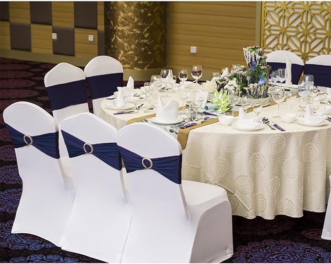 Wedding Navy Blue Chair Sashes 100 Pack Spandex Chair Bands with Buckles Dark Blue Chairs Bows for Party Birthday Bridal Shower Engagement Anniversary Outdoor Event Decorations