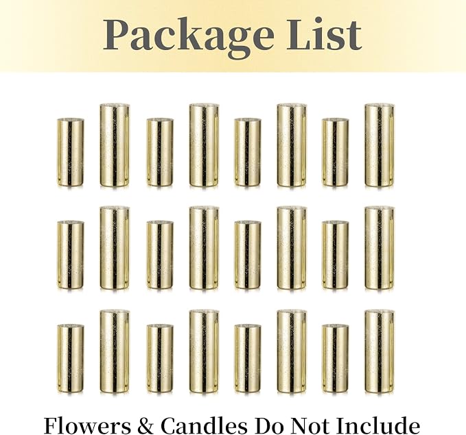 Glass Cylinder Vases Set of 24, Hewory Glittery Gold Vase for Centerpieces, Glass Hurricane Candle Holders for Pillar Floating Candle, Tall Round Vase for Wedding Anniversary Events Home Table Decor