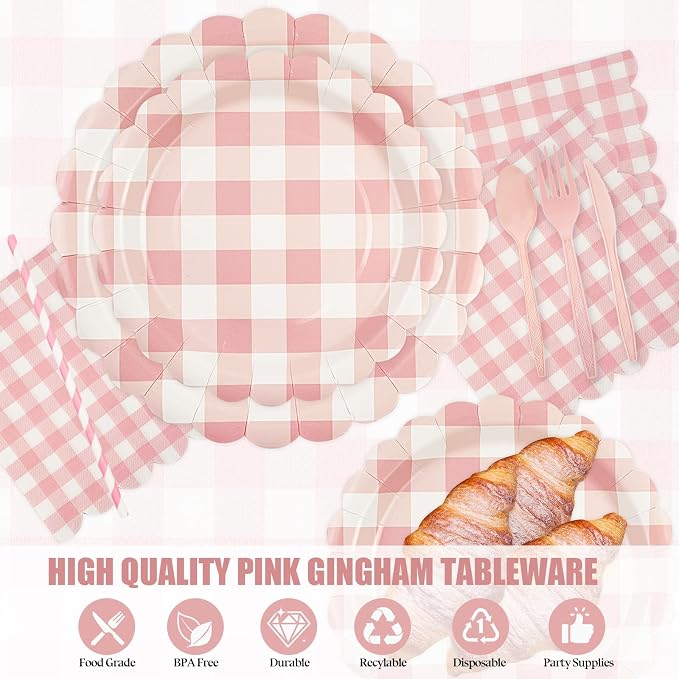 400PCS Light Pink Gingham Party Supplies, Scalloped Disposable Tableware Set Includes Paper Plates Napkins Cups Straws Forks Knives Spoons for Baby Shower Birthday Wedding Decorations, Serve 50