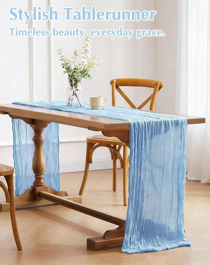 8 Pack Baby Blue Cheesecloth Table Runner 21x120 Inch Gauze Table Runners Reusable Polyester 10ft Boho Rustic Cheese Cloth Table Runner for Wedding Party Baby Shower