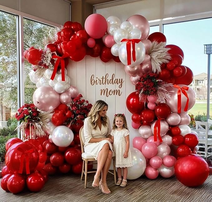 Red Pink Balloon Arch Kit Double Stuffed Dark Red Pink Burgundy White Pearl Balloon Garland With Bows for Valentine Mothers Day Wedding Bridal Shower Engagement Anniversary Mom Birthday Party Decor