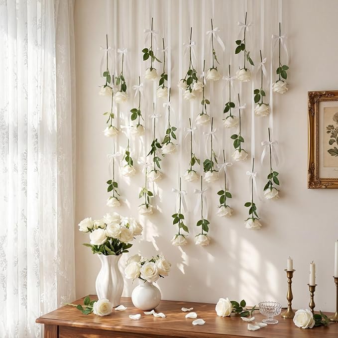 Suncalla 40 Pcs Artificial Rose Flower Hanging Decorations Set DIY Hanging Fake Roses Garlands with Hooks Wedding Party Decorations for Anniversary Background Themed Party(Cream White)