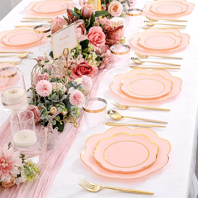 ejonirinjonir EI 180pcs Pink Plastic Plates with Gold Plastic Silverware,Heavy-Duty Disposable Plates for Party,White Dinnerware Set for 30 Guest Wedding,Birthday,Valentine's Day
