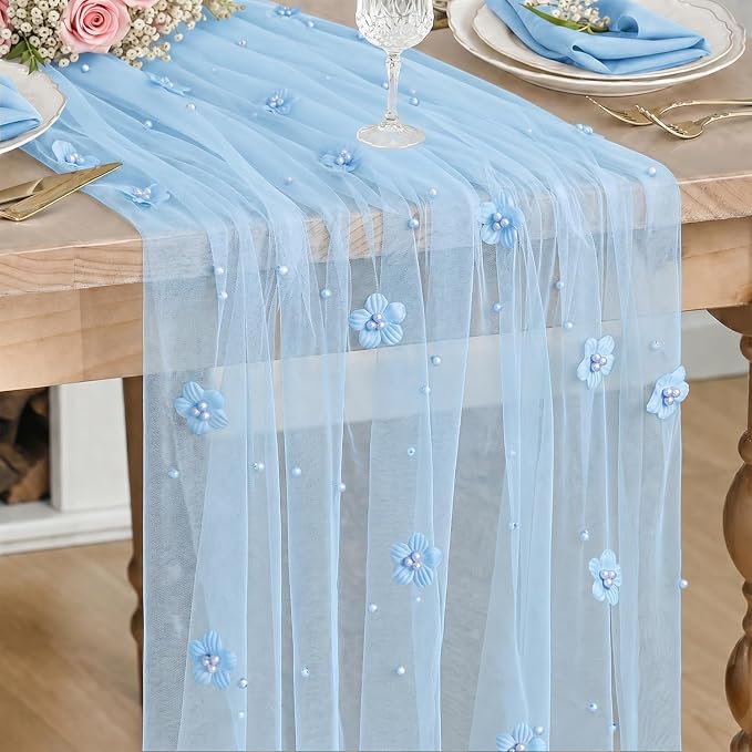 Artoid Mode Blue Flower Pearl Blue Gauze Table Runner 10FT, Seasonal Sheer Dining Holiday Wedding Birthday Baby Shower Table Decor for Home Party
