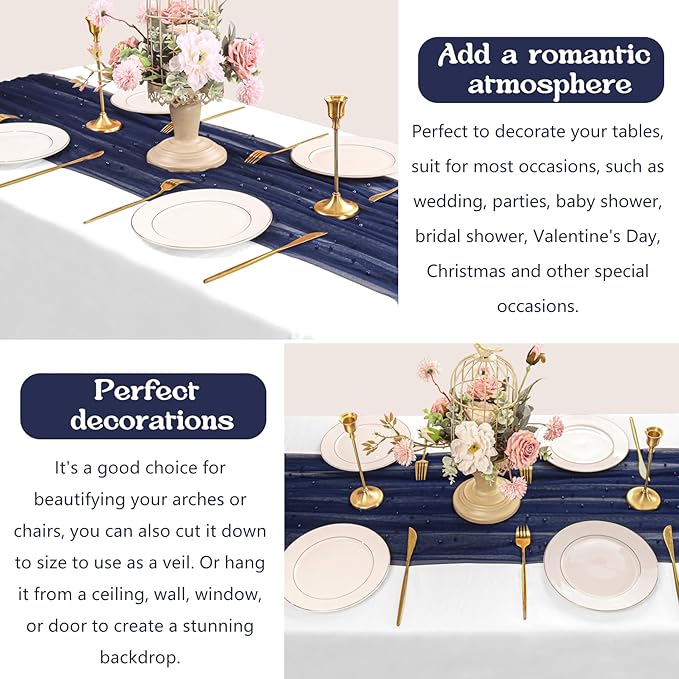 12 Pack 10FT Pearl Table Runner 30x120 Inch Navy Blue Tulle Fabric Boho Rustic Sheer Table Runners Lace Table Cloth for Wedding Bridal Shower Birthday Party Arch Veil Dessert Table Decor (Navy Blue)