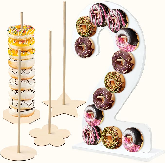 5 Pcs Donut Stand Set, Doughnut Party Supplies Include 1 Pc Digit Donut Wall Display Stand, 4 Pcs Doughnut Wall, for Birthday Wedding Baby Shower Party (White number 2)