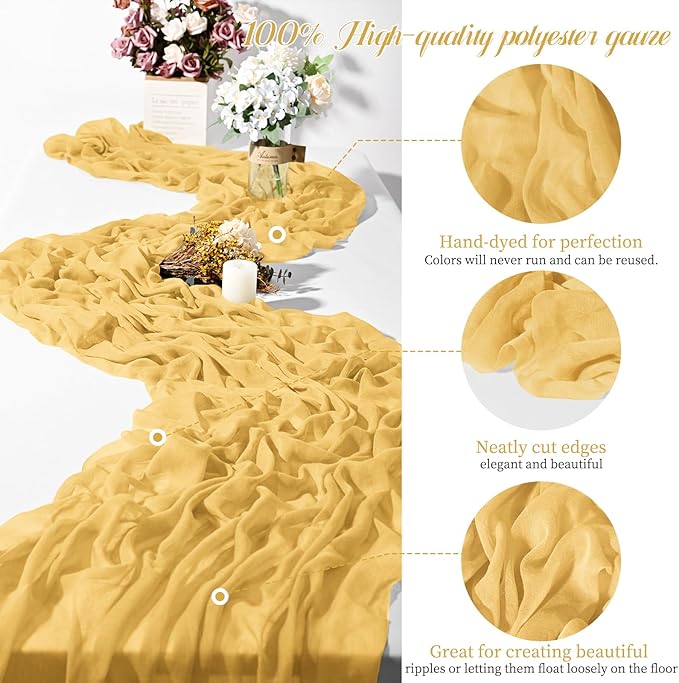 24 Packs Gold Cheesecloth Table Runner,10ft Gold Yellow Rustic Gauze Boho Wedding Table Runner Decoration, Wedding Table Decor Sheer Table Runner for Wedding Party Bridal Shower Table