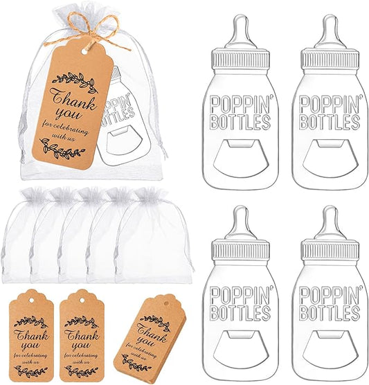 50pcs Baby Shower Favors for Guests, Poppin Bpttle Openers Party Return Souvenirs Gifts with Gift Tags and White Bags in Bluk(Silver)