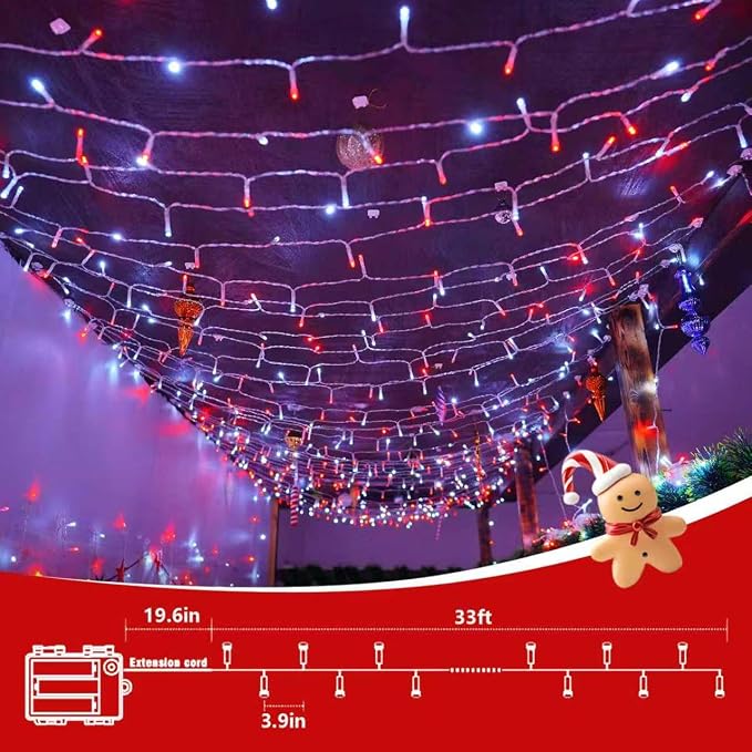 QITONG 2 Pack Battery Operated String Lights, Each 33ft 100 LED Red and White Christmas Lights Outdoor Waterproof, 8 Modes Clear Wire Twinkle Fairy Lights Indoor with Remote