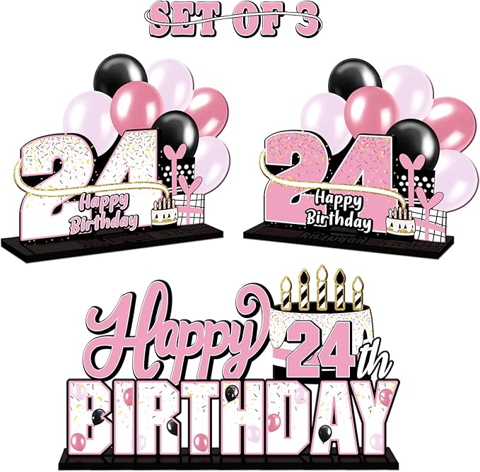 LINGTEER Happy 24th Birthday Pink Acrylic Table Topper Centerpieces Set - Cheers to 24 Years Old Birthday 24th Bday Party Gift Decorations.
