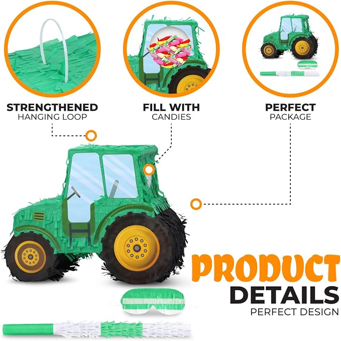 Tractor Pinata Bundle with a Blindfold and Bat(15.8 x 6.7 x 12 Inches), Kids Excavator Pinata for Construction Birthday Parties, Boys Birthday Party Supplies
