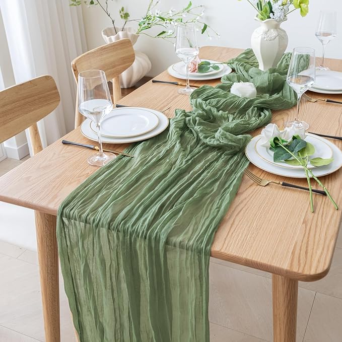 Table Runner Cheesecloth 10FT Sage Green Boho Gauze Cheese Cloth Rustic Sheer Table Runners for Wedding Bridal Baby Shower Party Decoration