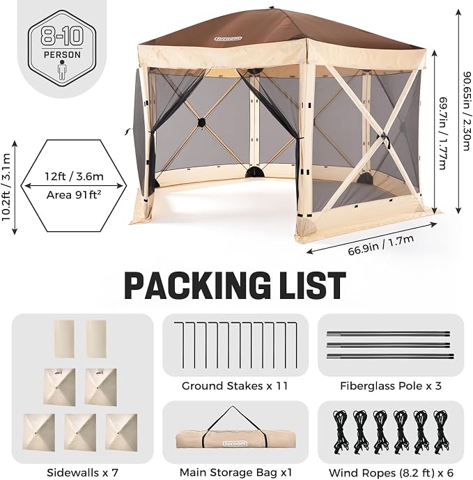 Tecoom 12x12ft 6-Sided Pop Up Gazebo Tent, Canopy Shelter Tent with Mesh Windows for Camping, Portable Large Shade Tents Removable Siedwalls for Outdoor, Garden, Lawn, and Backyard