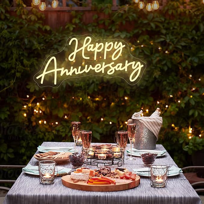 Large Happy Anniversary Banner Led Neon Signs for Wall Decorations 23"×11" Wife Husband Parents Wedding Happy Anniversary Sign for12 36 45th Birthday Party Romantic Decor Backdrop