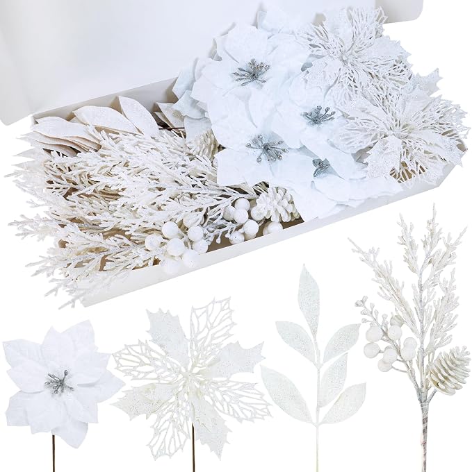 Winlyn 35 Pcs Christmas Artificial Poinsettia Flowers Picks and Artificial Leaves Sprays White Glitter Christmas Floral Picks for White Christmas Tree Wreath Garland Holiday Centerpiece Decorations
