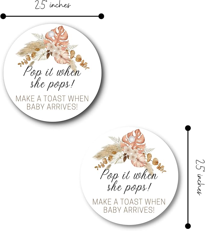 Pop It When She Pops Champagne | 30 Pack | 2.5" Circle Tag With Pre-Cut Hole | Baby Shower Party Favor | Boho Flower Design