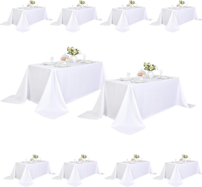 10-Pack 90x156 inch White Table Cloths, Solid Stain and Wrinkle Resistant Oblong Tablecloth, Premium Plain Weave Polyester Fabric Rectangle Table Linen Covers for Hotel, Banquet