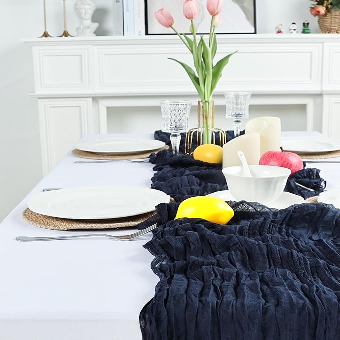 8 Pack Navy Blue Cheesecloth Table Runner 10ft Boho Gauze Fabric 120 Inch Cheese Cloth Table Runner Rustic Sheer for Holiday Baby Shower Party Décor Home Wedding Decoration