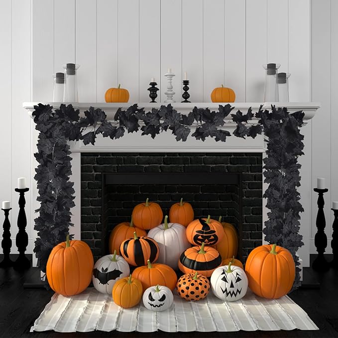 3 Pack Black Leaf Garland, Artificial Autumn Hanging Maple Leaves Vines Foliage Garland for Halloween Party Front Door Home Fireplace Decor (5.5Ft/Pack)