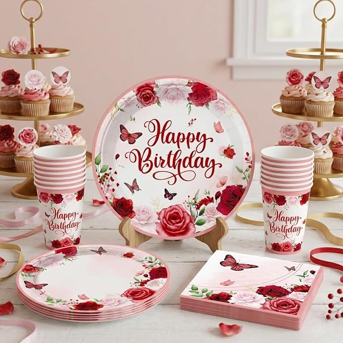 271 Pcs Burgundy Party Decorations, All-in-one Women Birthday Decorations with Burgundy Balloons, Banner, Backdrop, Plates and Napkins Set, Floral Happy Birthday Decorations Rose Gold