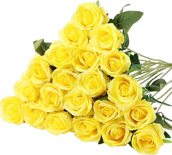 Hotop 20 Pcs Artificial Rose Flowers with Long Stem, Real Lifelike Silk Realistic Plastic Bouquet Roses Bulk for Home Decor Bridal Wedding Party Table Centerpieces Decorations(Yellow)