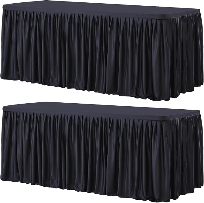 Wish Care 2 Pack Black Rectangle Table Clothes for 4 Foot Tables, Polyester Fitted Tablecloths 4ft Stretch Table Cover for Wedding, Birthday, Parties, Trade Show, Craft Show